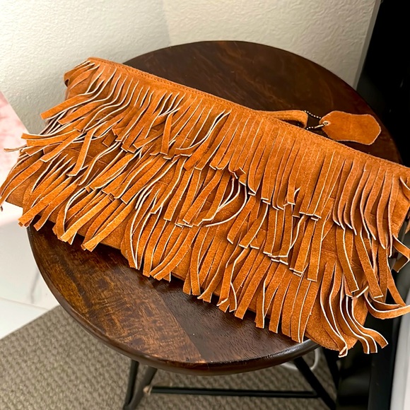 Handbags - Suede Leather Fringe Wristlet/Clutch